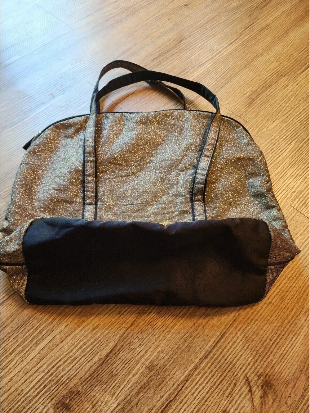 Victoria's Secret Gold Glitter Tote Bag with Black Accents and Dual Handles